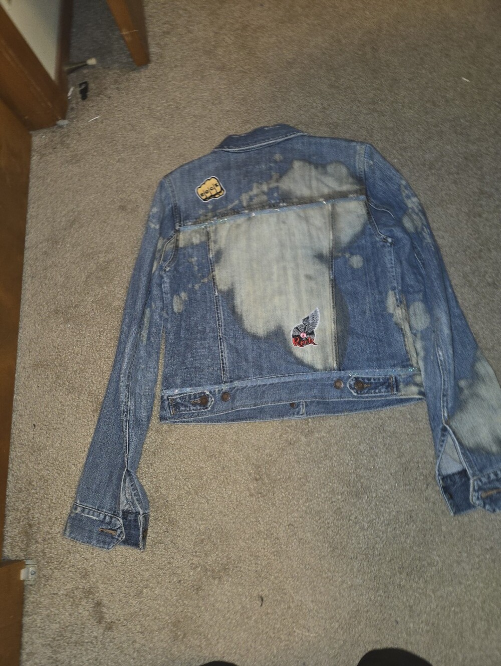 Upcycled Bleached Distressed Jean Jacket | Rock Graphic Patches | Custom Denim - Picture 3 of 16